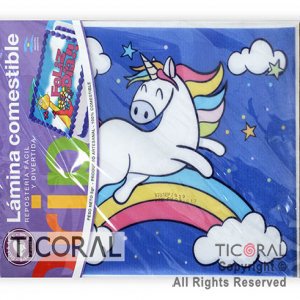 LAMINA COMESTIBLE UNICORNIO CON ARCO IRIS P/TORTAS 27CM x 21CM x 1